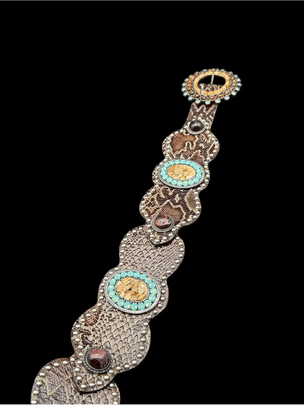 Leatherock 34 M Python Snakeskin Leather Turquoise Crystal Scallop Contour Belt